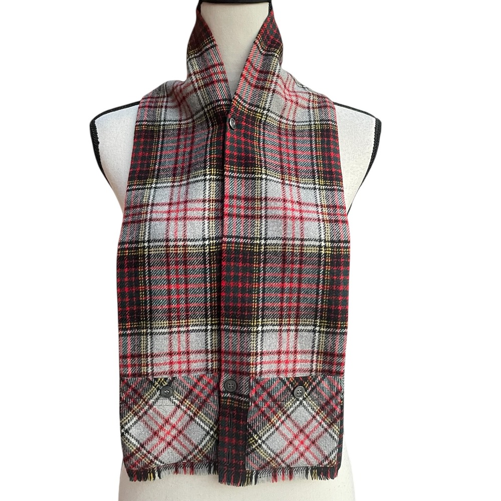 Vintage Cisco Scardigan Plaid Merino Wool Button Scarf Pocket Red Gray Women